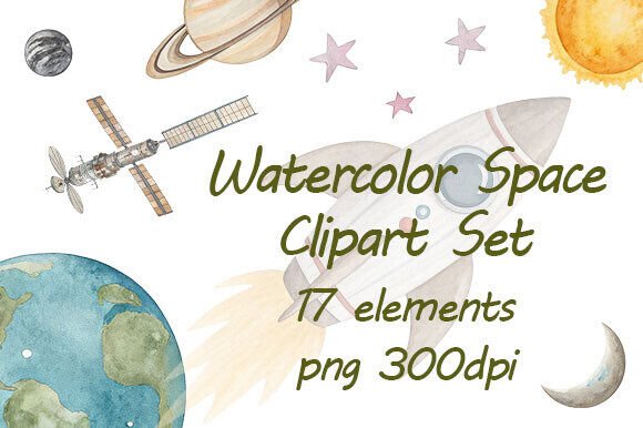 Explore the Universe with a Watercolor Space Clipart Set – Perfect for Creatives and Designers