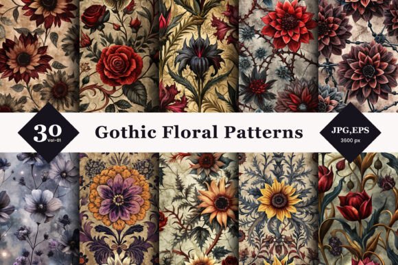 Gothic Floral Seamless Patterns 01: Elegance Meets Mystery in Design